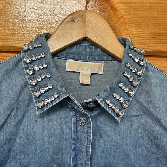 Michael Kors Medium Wash Women's Rhinestone Collar Denim Shirt, Sz. M - Picture 2 of 6